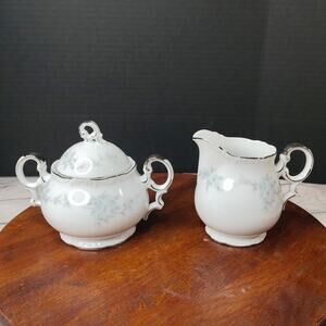 MIKASA Barbizon Pattern Sugar Bowl Dish w/ Lid & Creamer Blue Flowers Silver Rim